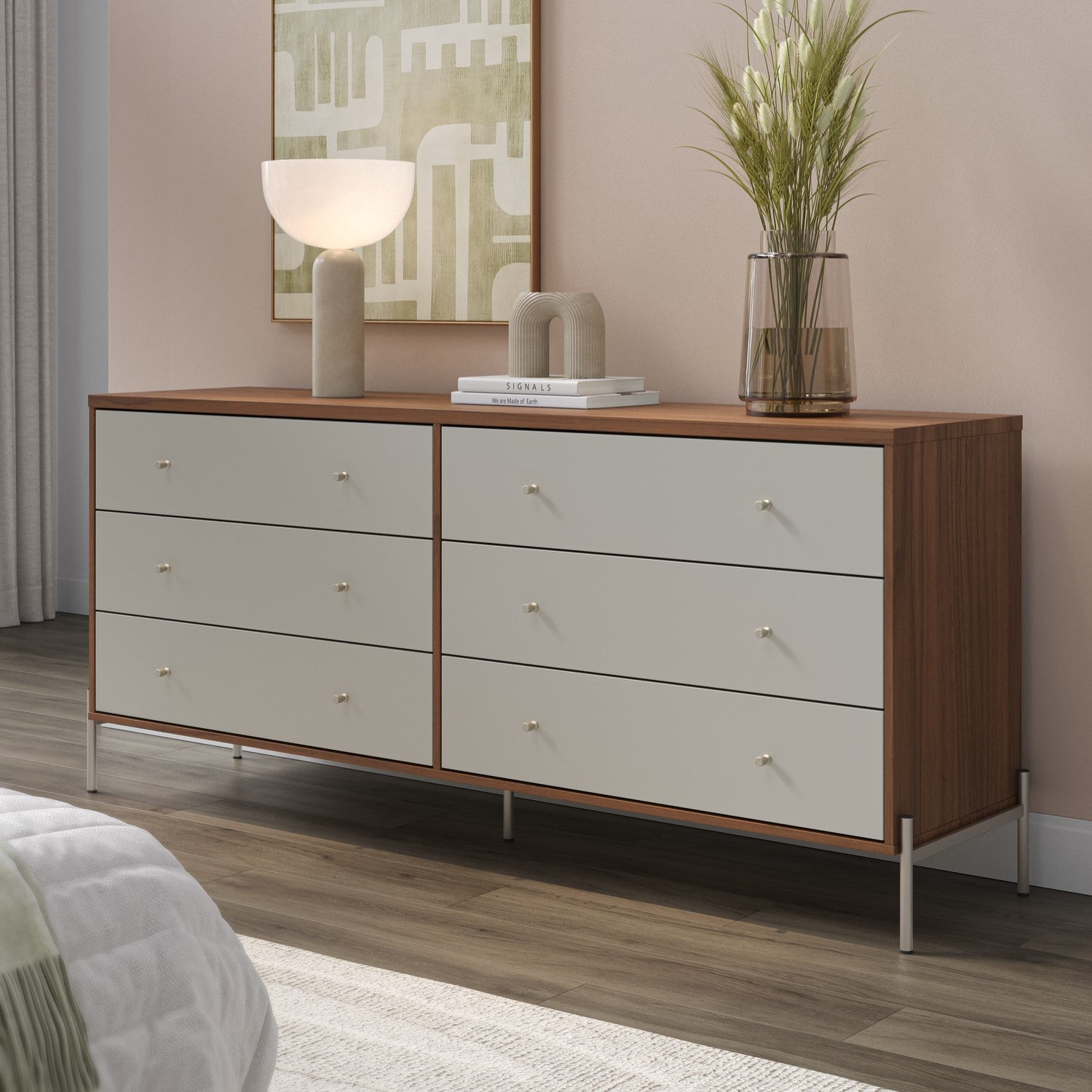 קומודה דגם ספיר שש מגירות אופוייט ועץ ושמפניה